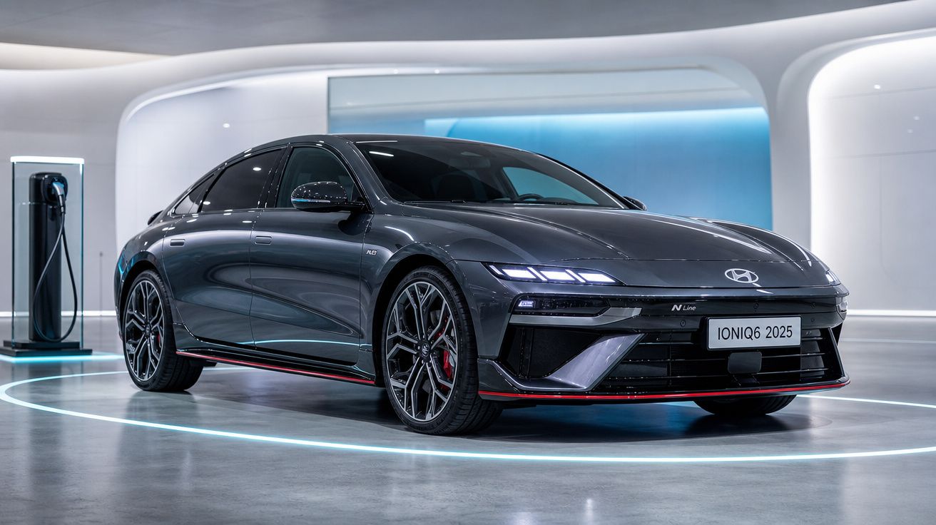 Carro elétrico Hyundai Ioniq 6 2025 cinza escuro ligado ao carregador numa garagem moderna.