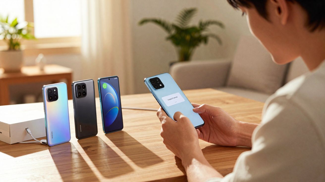 Pessoa a usar smartphone azul para transferência de dados na mesa com três telemóveis e carregador.