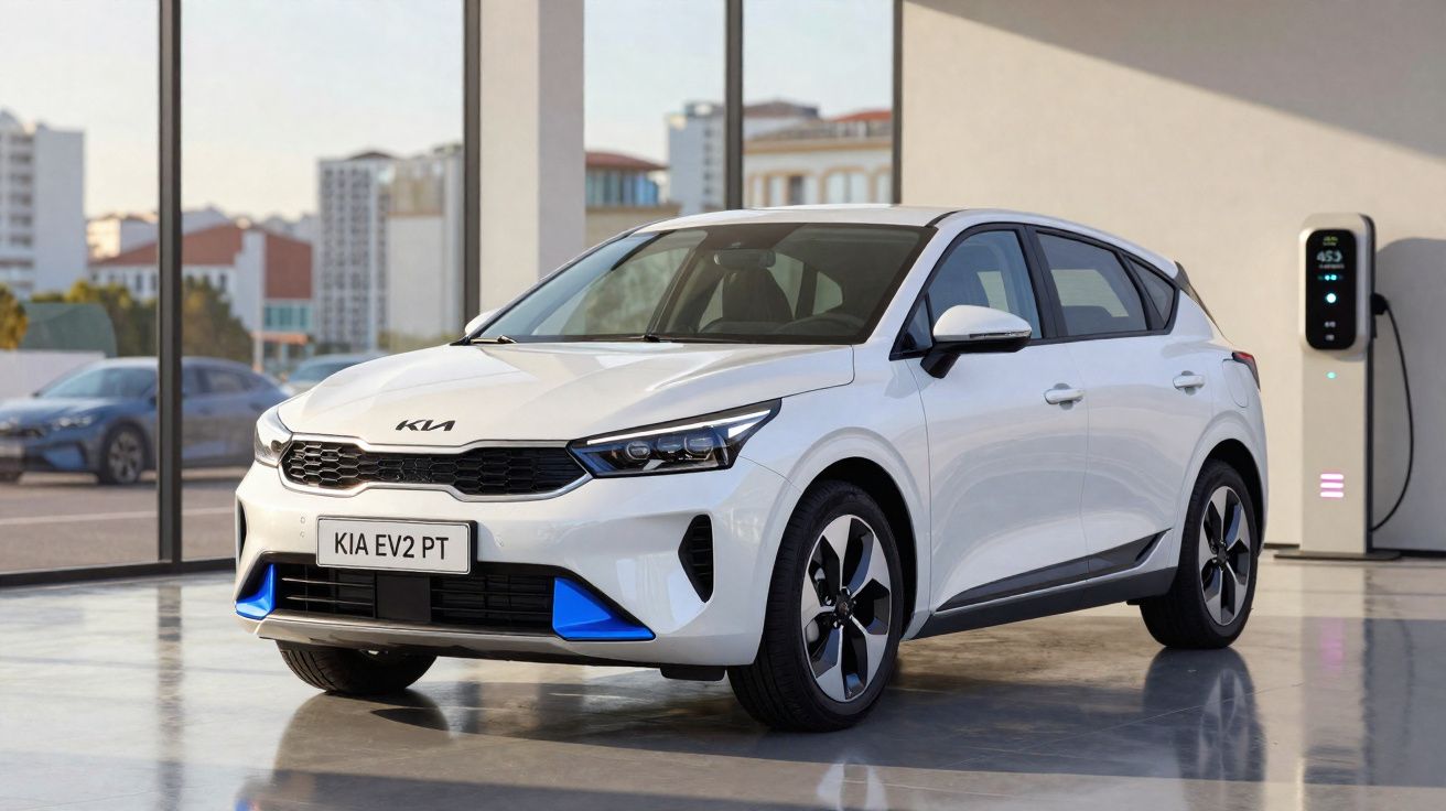 Carro elétrico branco Kia EV2 PT estacionado junto a um posto de carregamento interior.