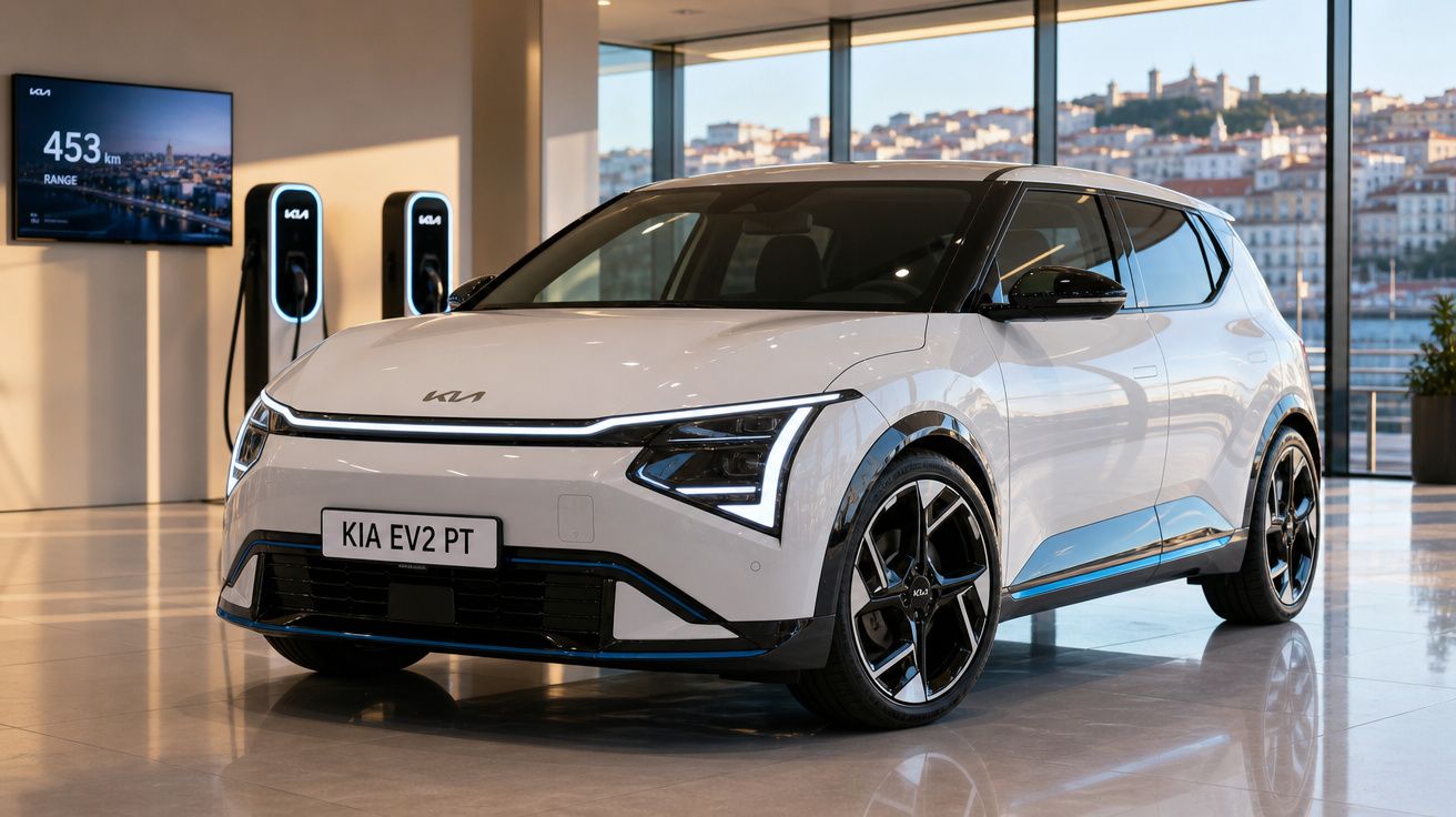 Carro elétrico branco Kia EV2 PT estacionado em showroom com vista de cidade ao fundo e estações de carregamento.