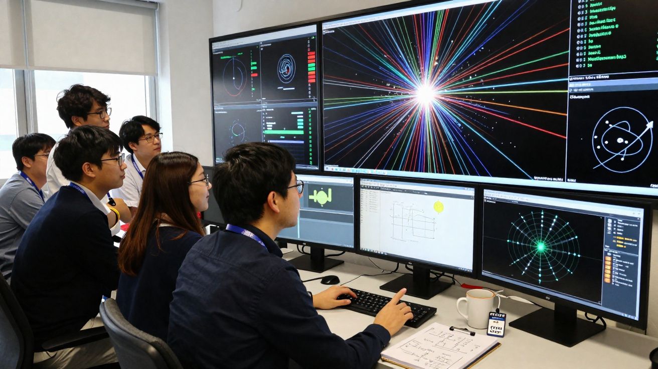 Equipa de cientistas a analisar dados complexos em vários ecrãs de computador numa sala de controlo.