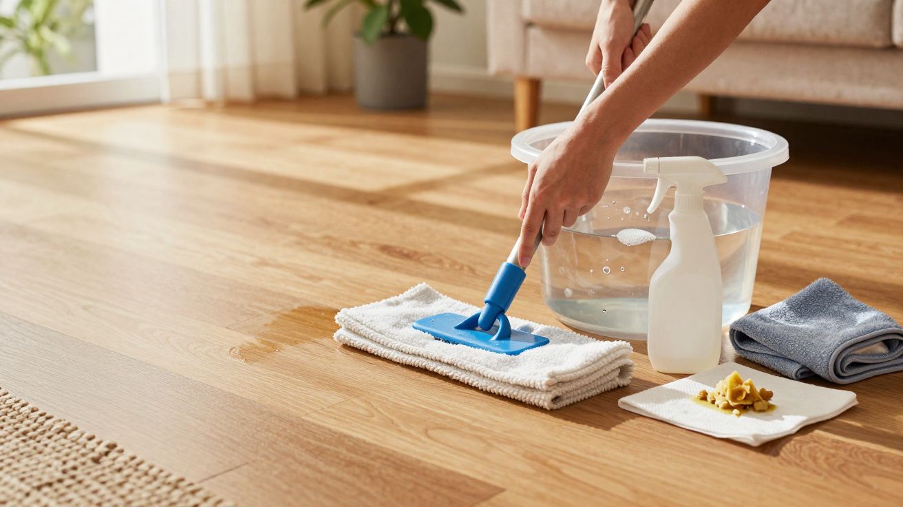 Mãos a limpar chão de madeira com esfregona azul, balde de água e frasco de spray ao lado.
