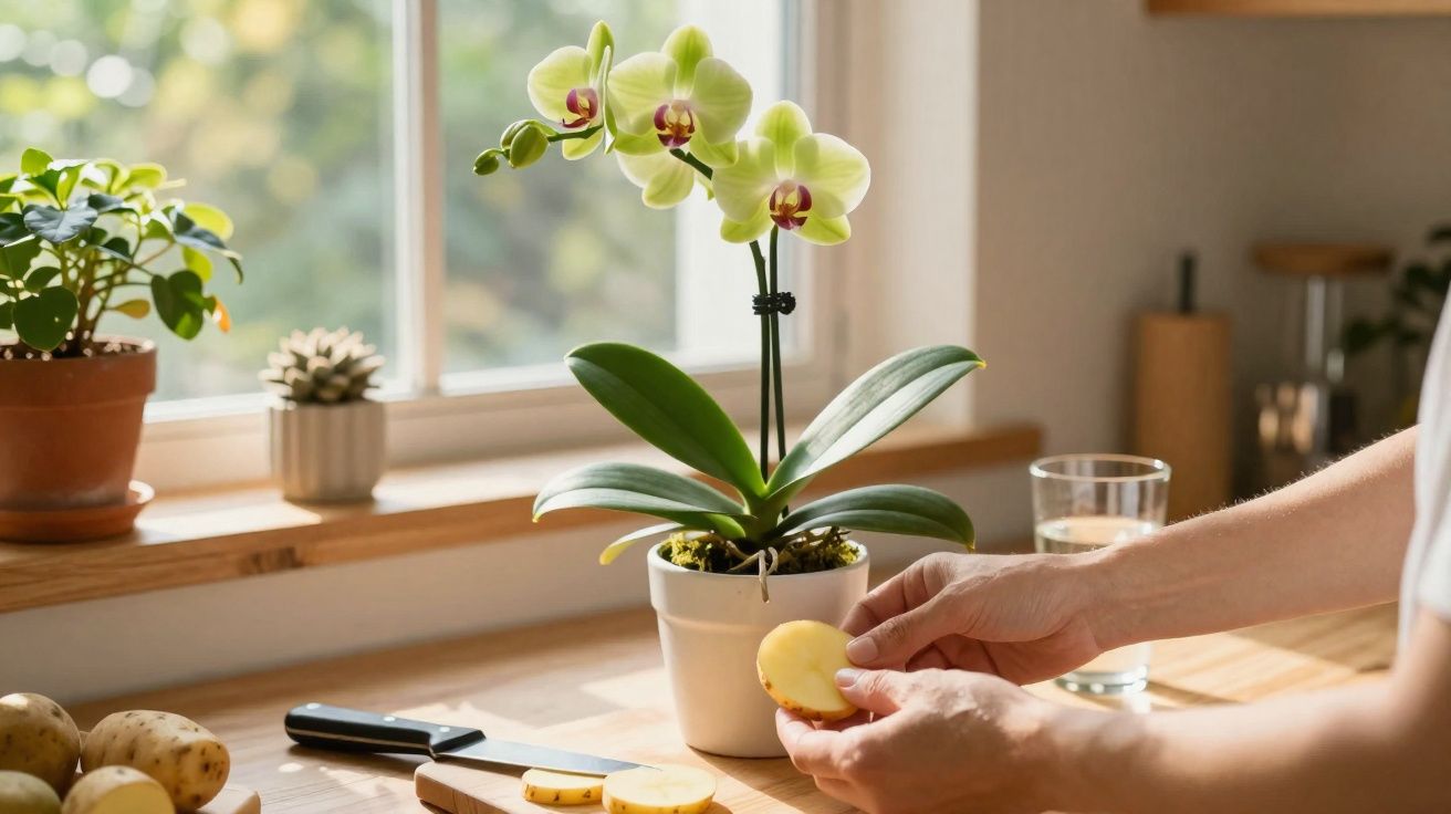 Mãos a cortar batatas numa cozinha com orquídea amarela em vaso perto da janela iluminada.