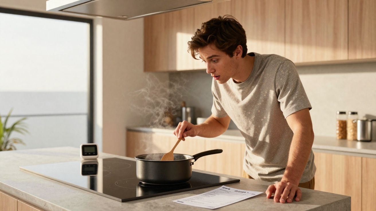 Jovem a mexer uma panela no fogão numa cozinha moderna e luminosa.