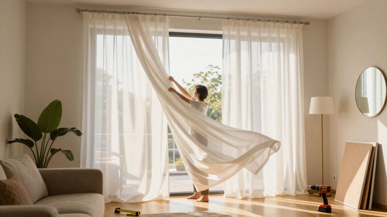 Mulher a abrir cortinas brancas transparentes numa sala luminosa e moderna com sofá e planta verde.