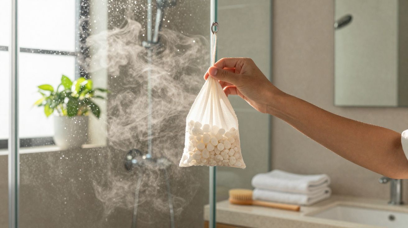 Mão segura saco de tecido com pastilhas efervescentes num banheiro com vapor e planta junto à janela.