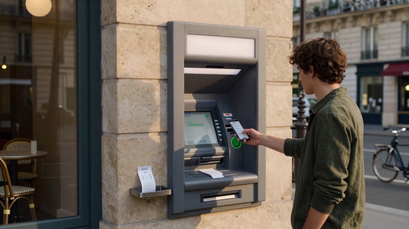 Jovem utiliza telemóvel para levantar dinheiro em Multibanco numa rua de ambiente urbano.