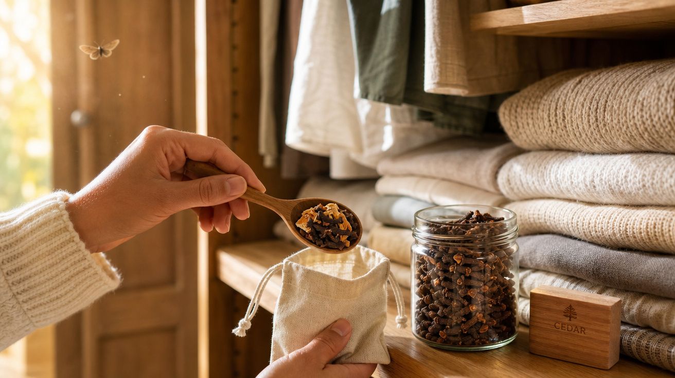 Mãos a colocar cravinho aromático em saco de tecido numa prateleira com roupa organizada e luz natural.