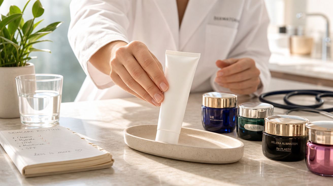 Pessoa de bata branca a pousar tubo de creme em tabuleiro, com frascos de cosméticos e caderno numa bancada.