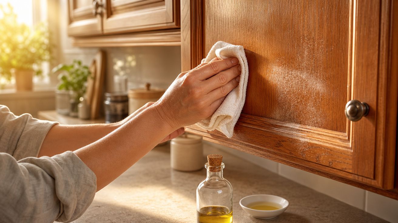 Mãos a limpar um armário de madeira na cozinha com um pano branco, com garrafa de azeite na bancada.