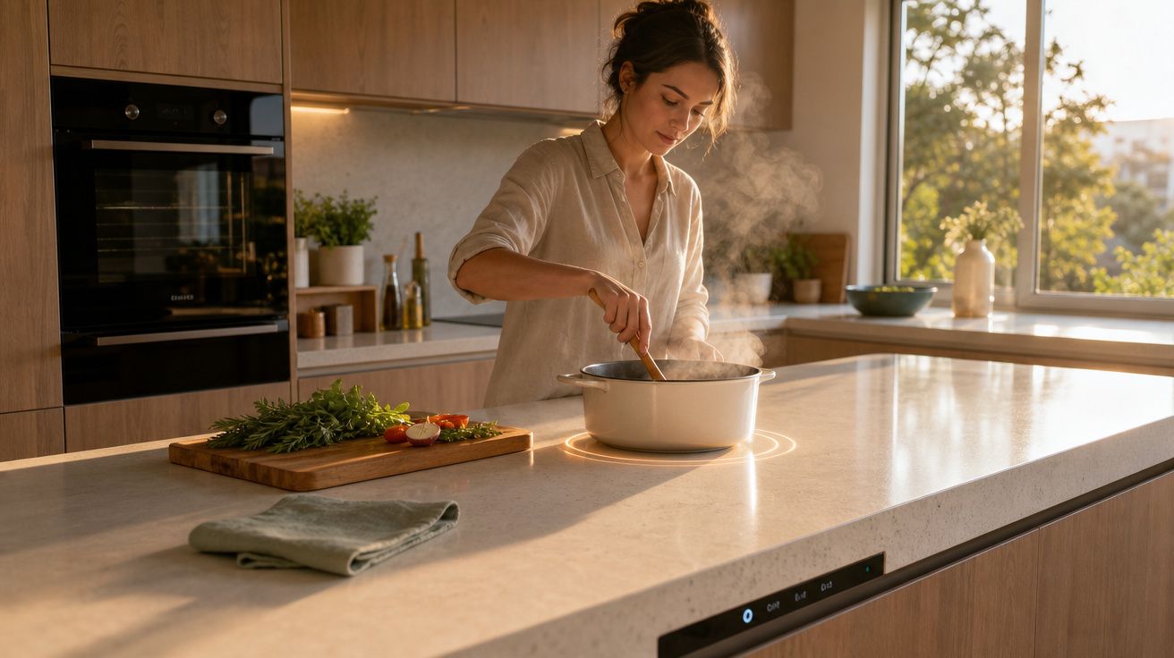 Mulher a cozinhar numa panela fumegante numa cozinha moderna com bancada clara e luz natural.