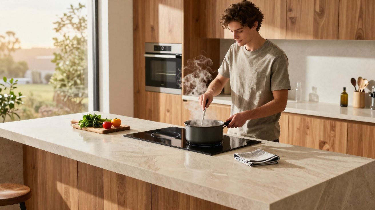Jovem a cozinhar num tacho fumegante numa cozinha moderna com ilha central e iluminação natural.