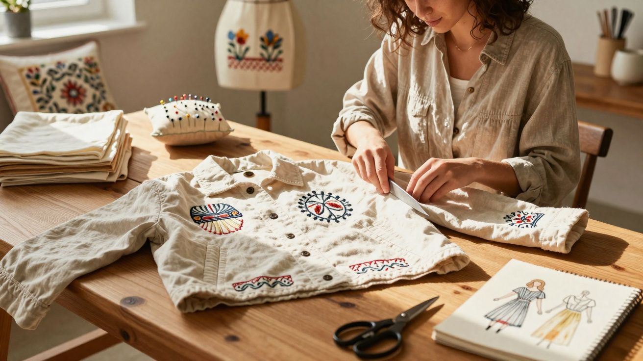 Mulher borda jaqueta bege com desenhos coloridos sentada à mesa de madeira iluminada pela janela.