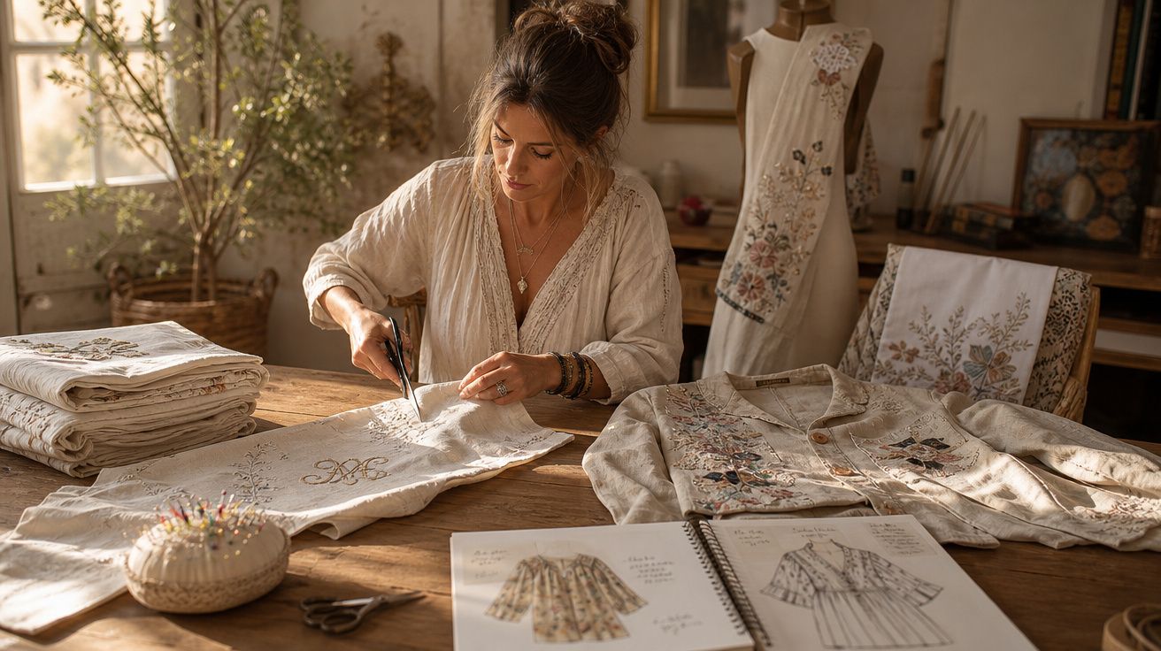 Mulher a cortar tecido bordado numa mesa com croquis e peças de roupa bordadas.
