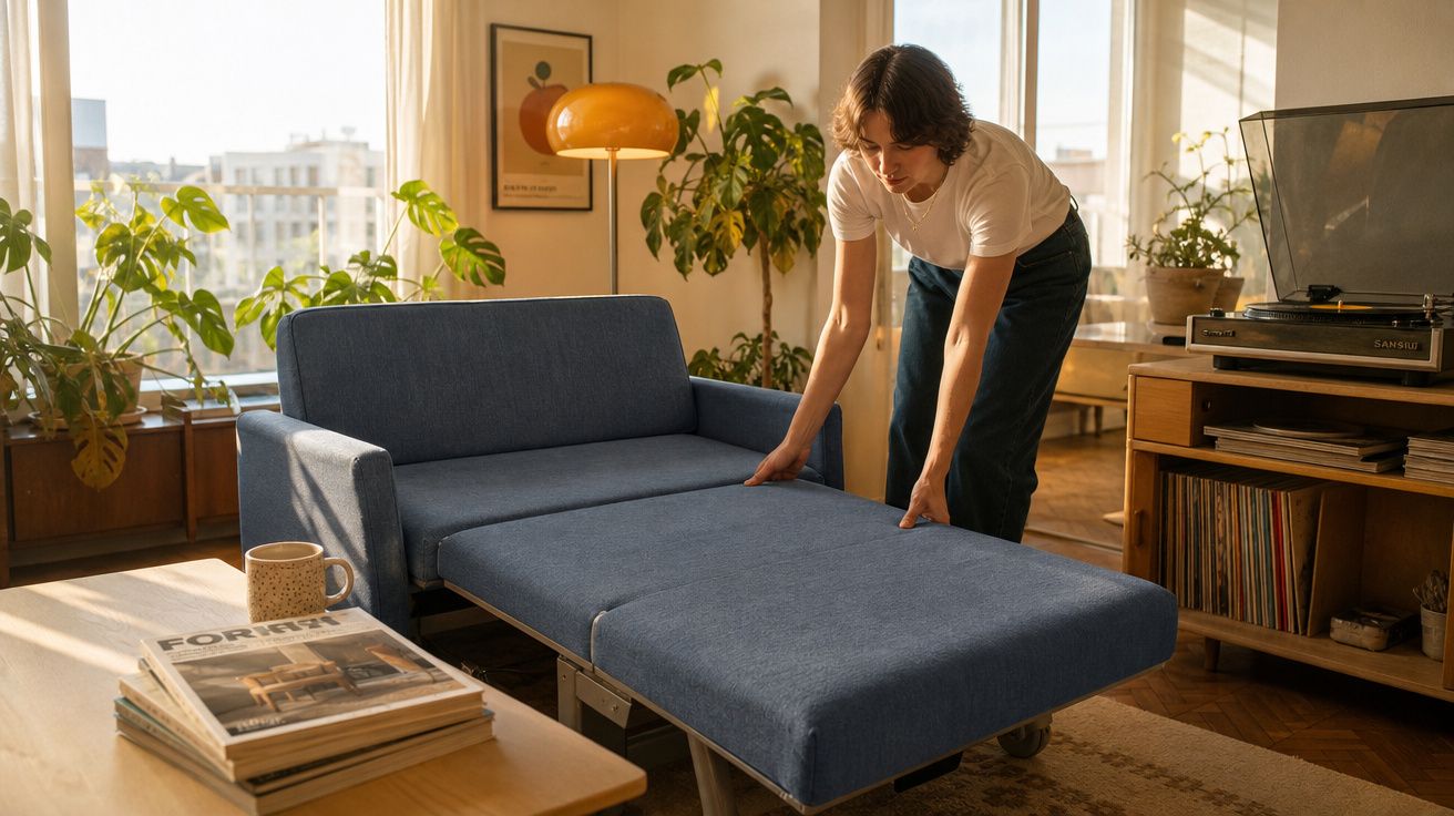Homem a estender sofá-cama azul numa sala iluminada com plantas e móveis em madeira clara.
