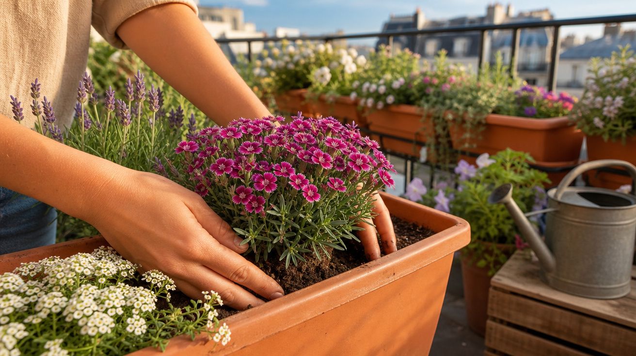 Mãos a plantar flores cor-de-rosa numa varanda com vários vasos e regador metálico ao fundo.