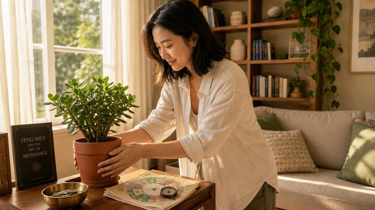 Mulher a cuidar de planta em vaso numa sala iluminada com livros e almofadas decorativas.