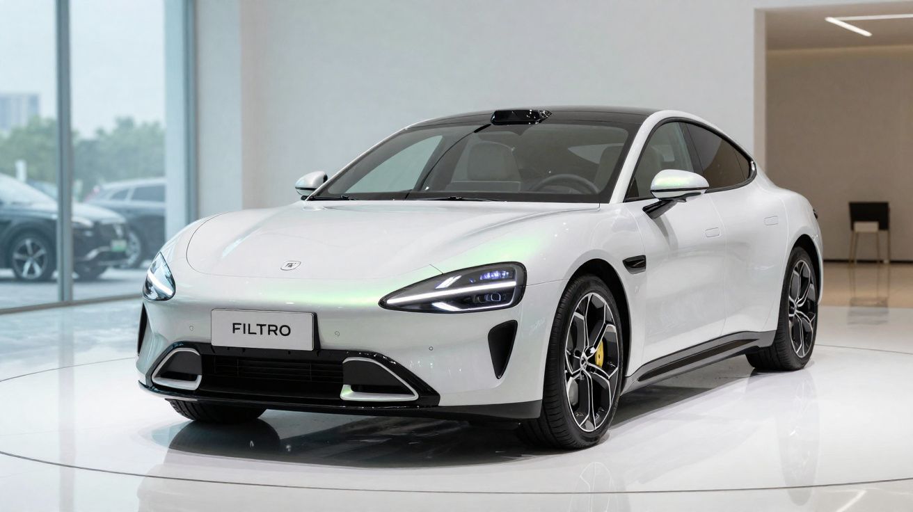 Carro elétrico branco moderno em exposição com design aerodinâmico e detalhes pretos e amarelos.