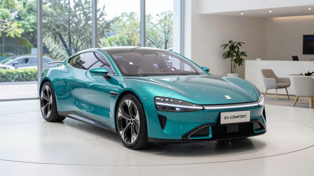 Carro elétrico desportivo verde exibido numa sala moderna com janelas grandes e cadeiras.