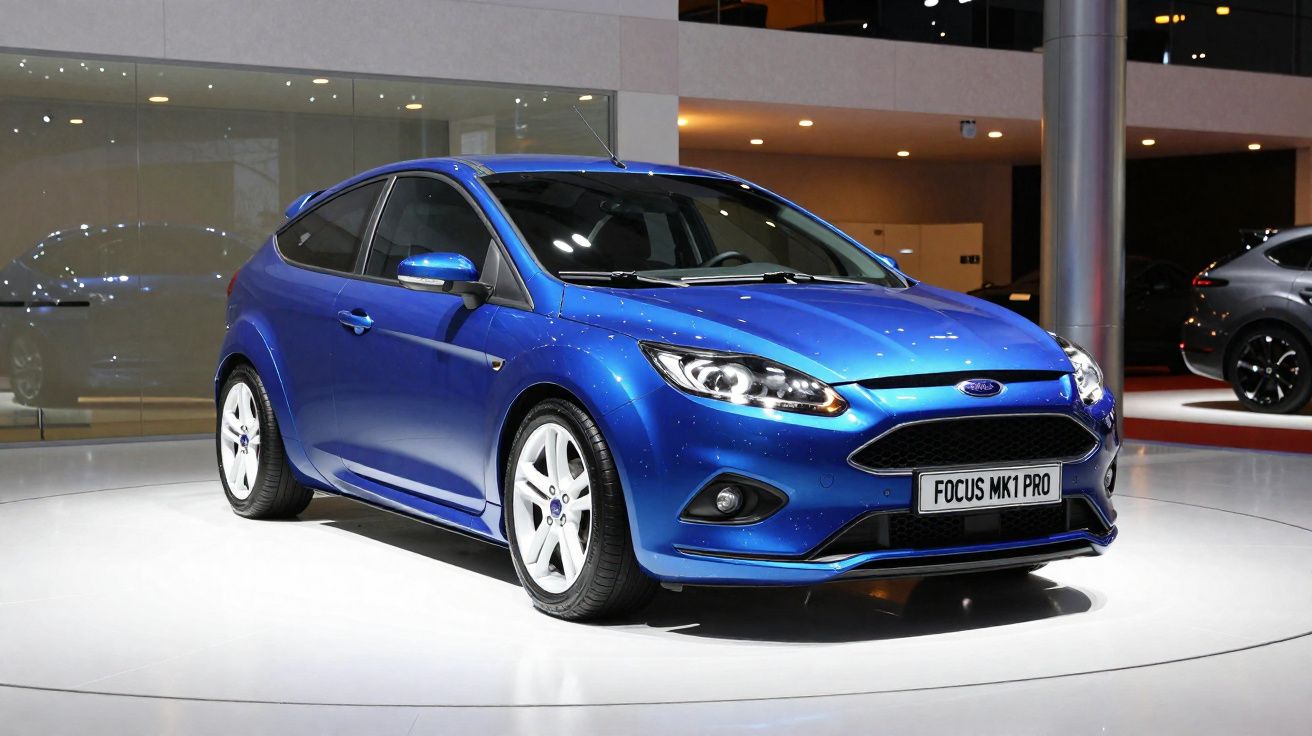 Carro desportivo azul Ford Focus MK1 Pro exposto num salão automóvel moderno.