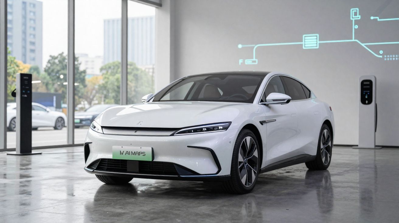 Carro elétrico branco estacionado num espaço interior moderno com postos de carregamento visíveis.
