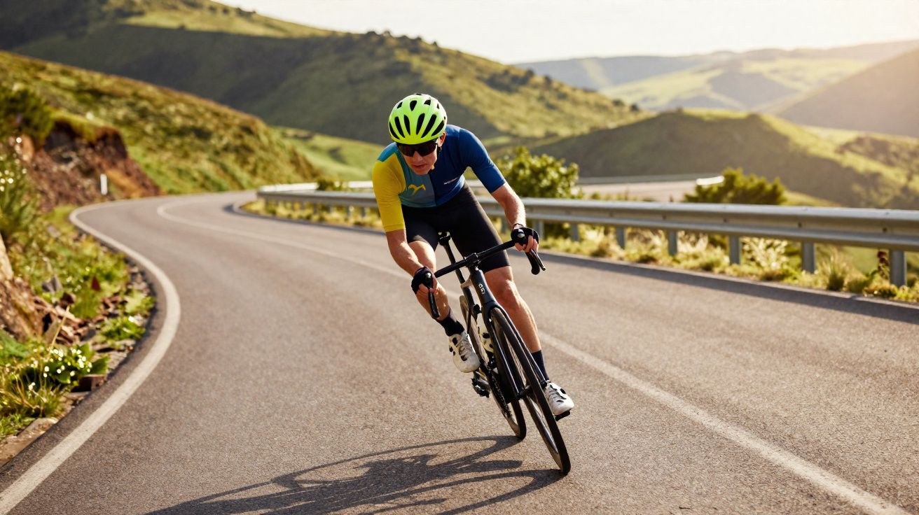 Ciclista de capacete verde e roupa desportiva a pedalar numa estrada sinuosa em zona montanhosa ensolarada.