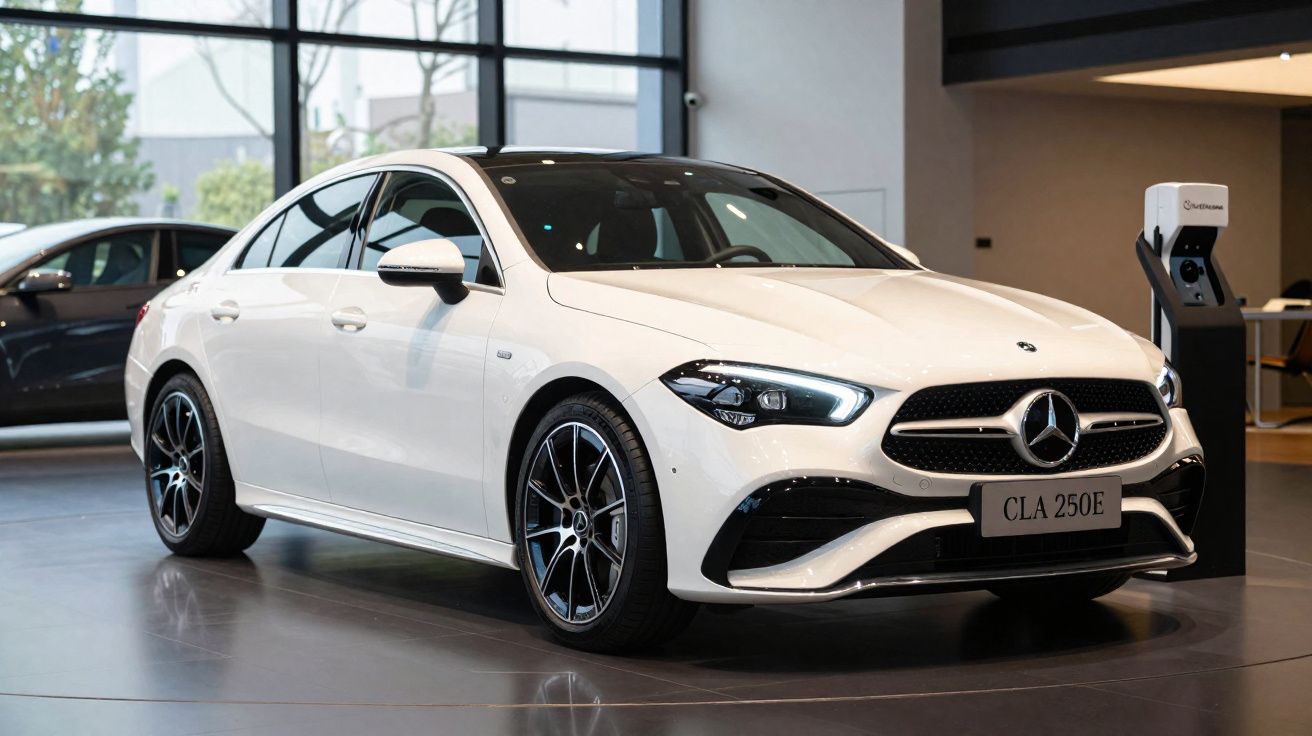 Carro Mercedes-Benz CLA 250E branco em exibição num stand com estação de carregamento elétrica.
