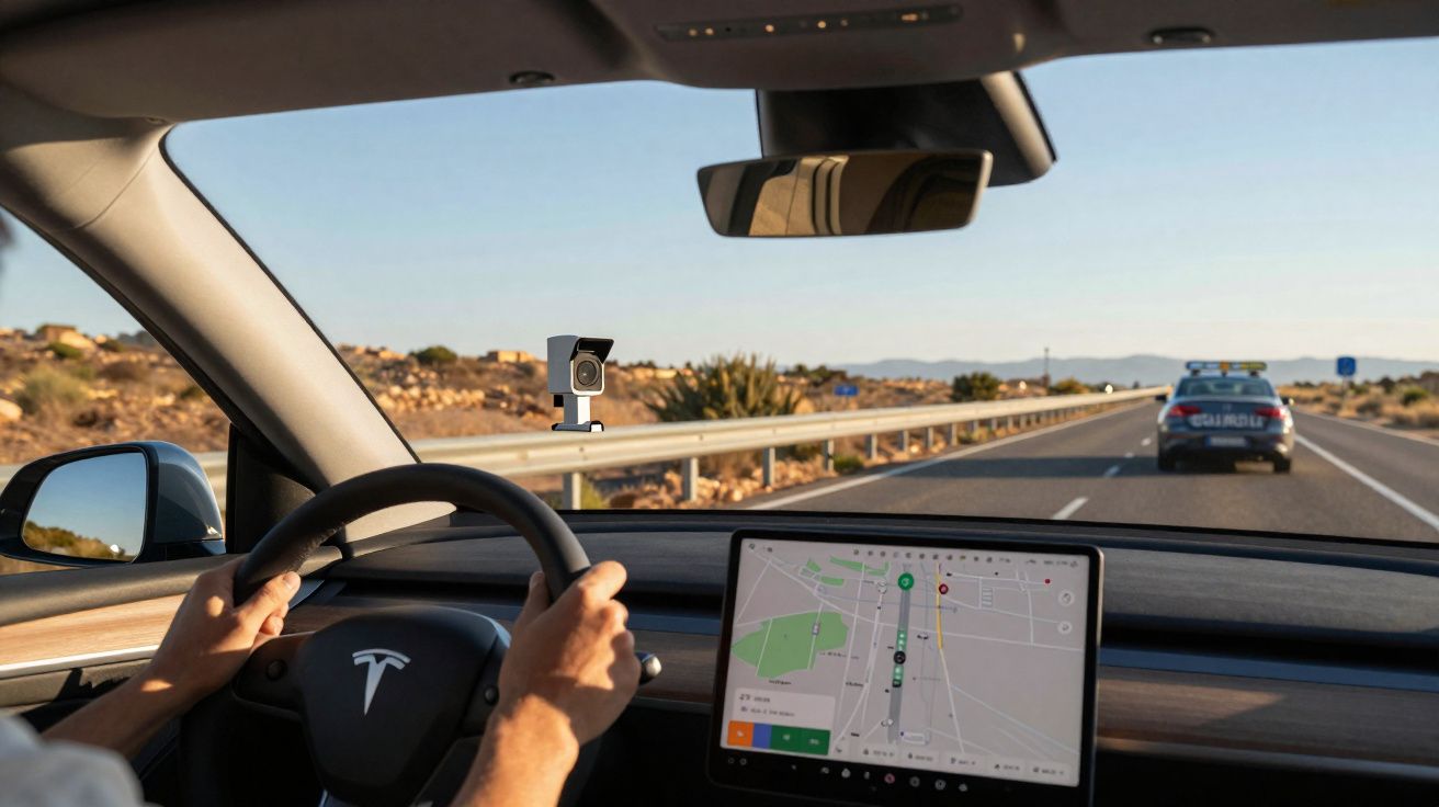 Interior de carro Tesla com sistema de navegação e câmara, seguindo uma viatura da polícia numa estrada deserta.