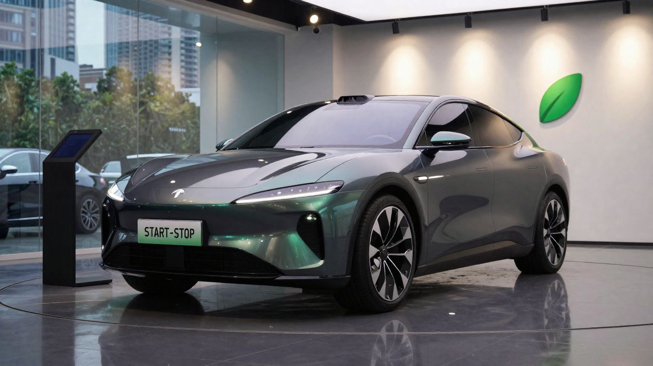 Carro elétrico cinzento exposto numa sala moderna com janelas de vidro e um símbolo de folha verde na parede.