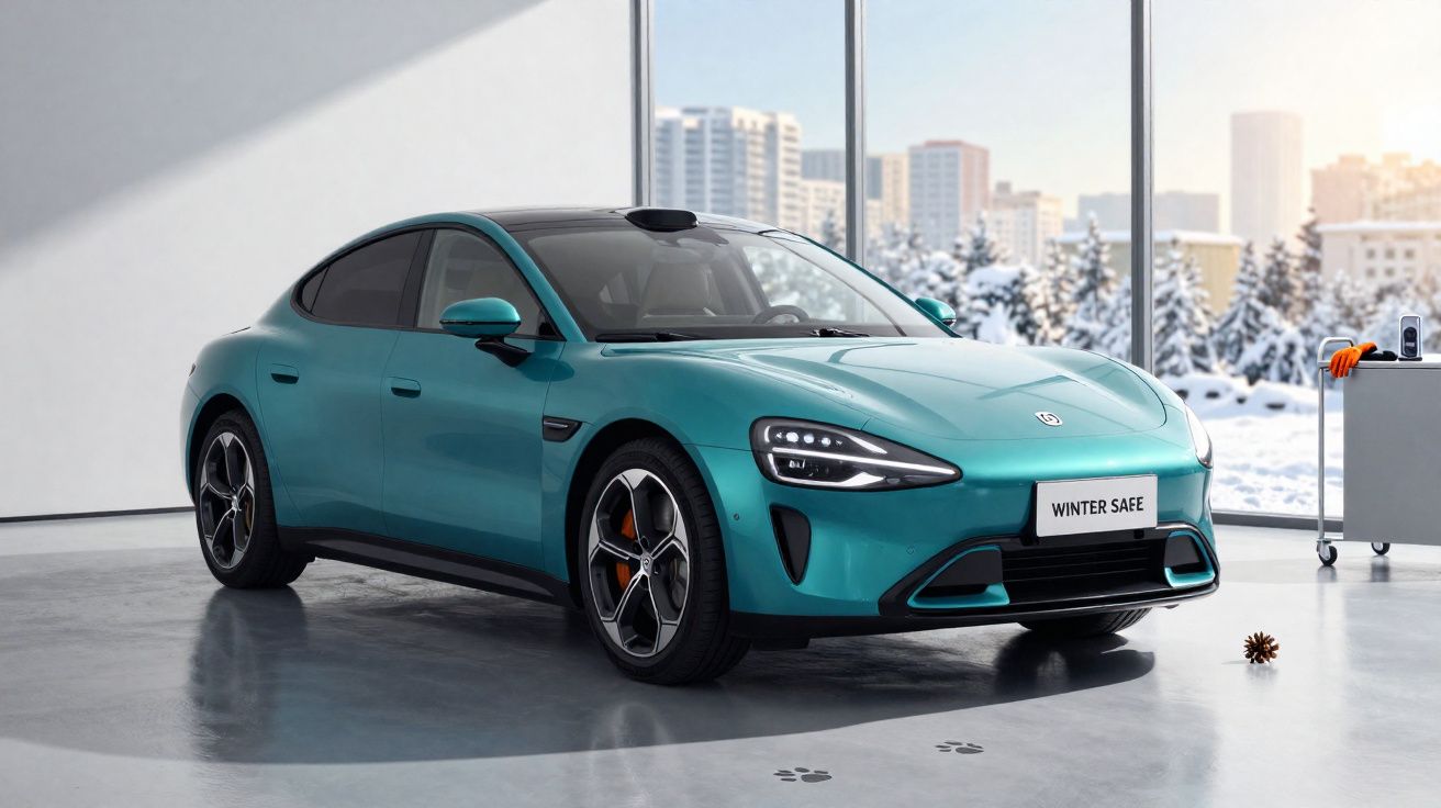 Carro elétrico azul estacionado em garagem moderna com grandes janelas e vista para neve e cidade.