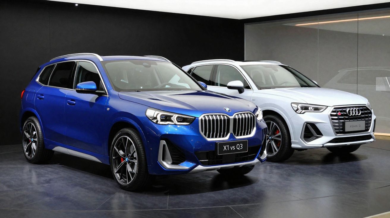Dois SUV modernos, azul BMW X1 e branco Audi Q3, estacionados lado a lado em espaço interior com fundo preto.