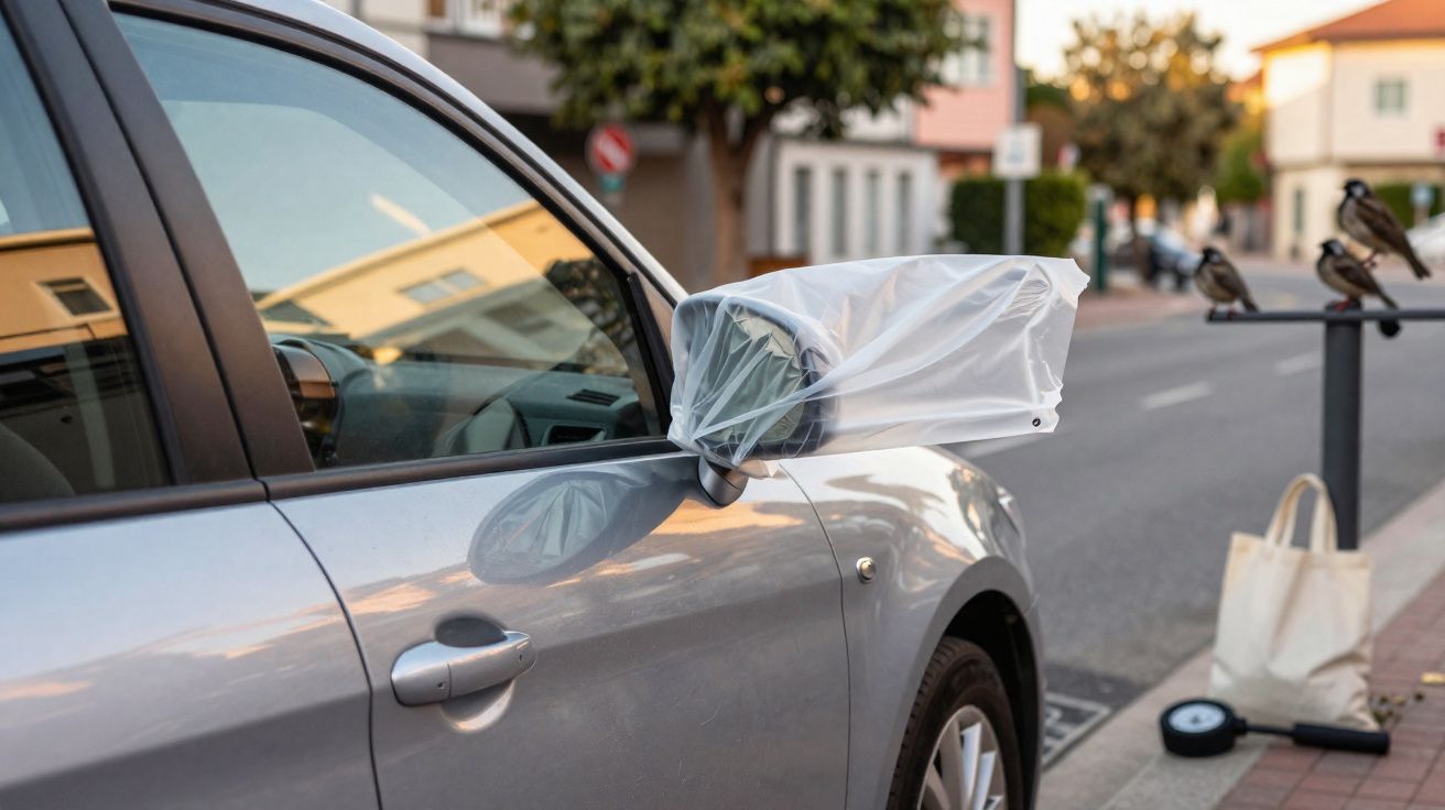 Espelho retrovisor de carro coberto com saco plástico branco numa rua urbana com árvores e pássaros.