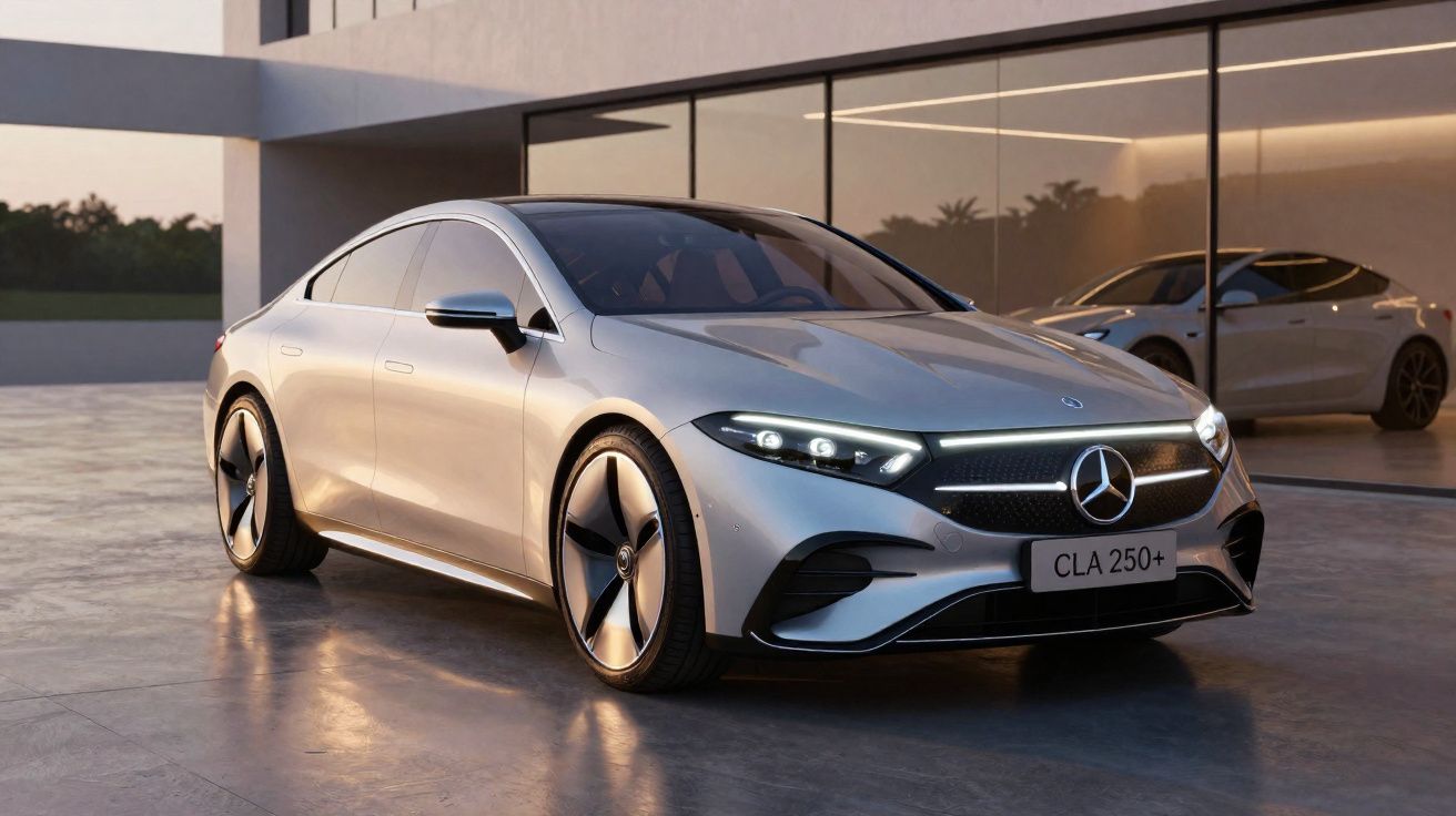 Carro elétrico Mercedes-Benz CLA 250+ cinza estacionado em garagem moderna com jantes aerodinâmicas.