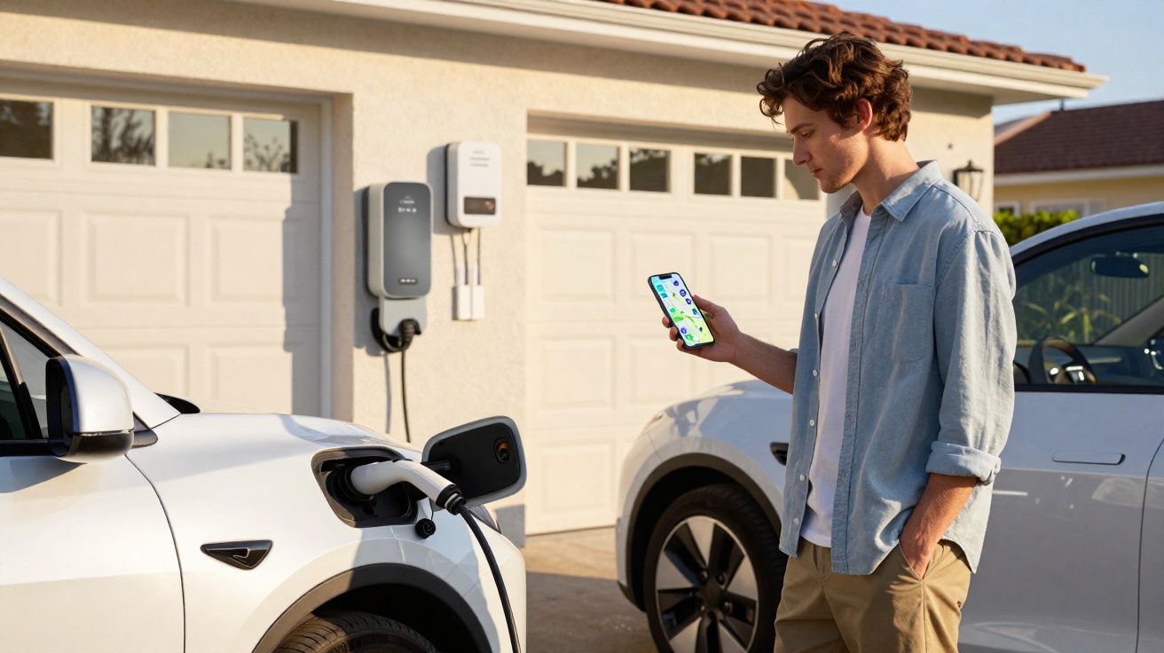 Homem a controlar aplicação num telemóvel enquanto carro elétrico está a ser carregado em garagem residencial.