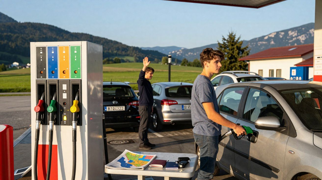Jovem a abastecer carro numa bomba de gasolina ao ar livre, com homem a acenar ao fundo e paisagem montanhosa.