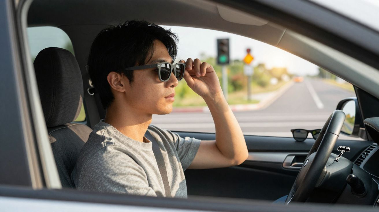 Homem de óculos de sol sentado ao volante de carro, com trânsito e semáforo verde ao fundo.