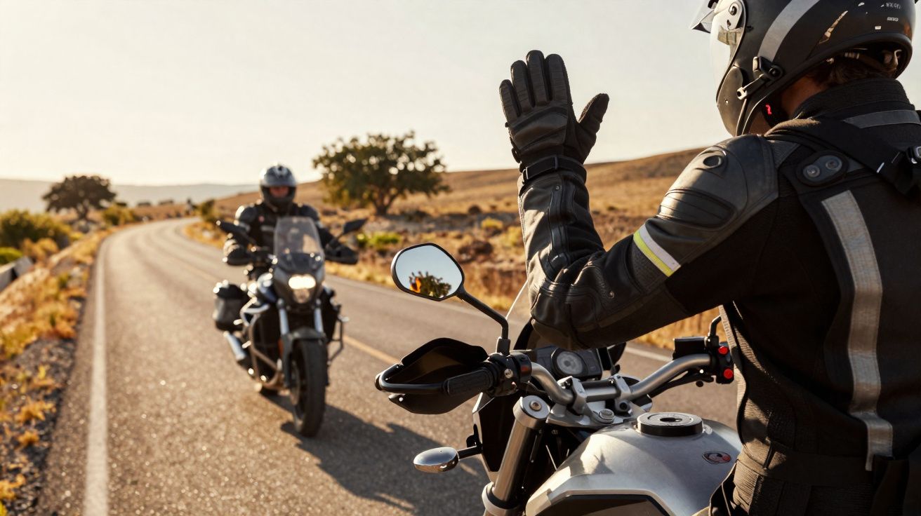 Dois motociclistas com equipamentos de proteção numa estrada rural, um acena para o outro.
