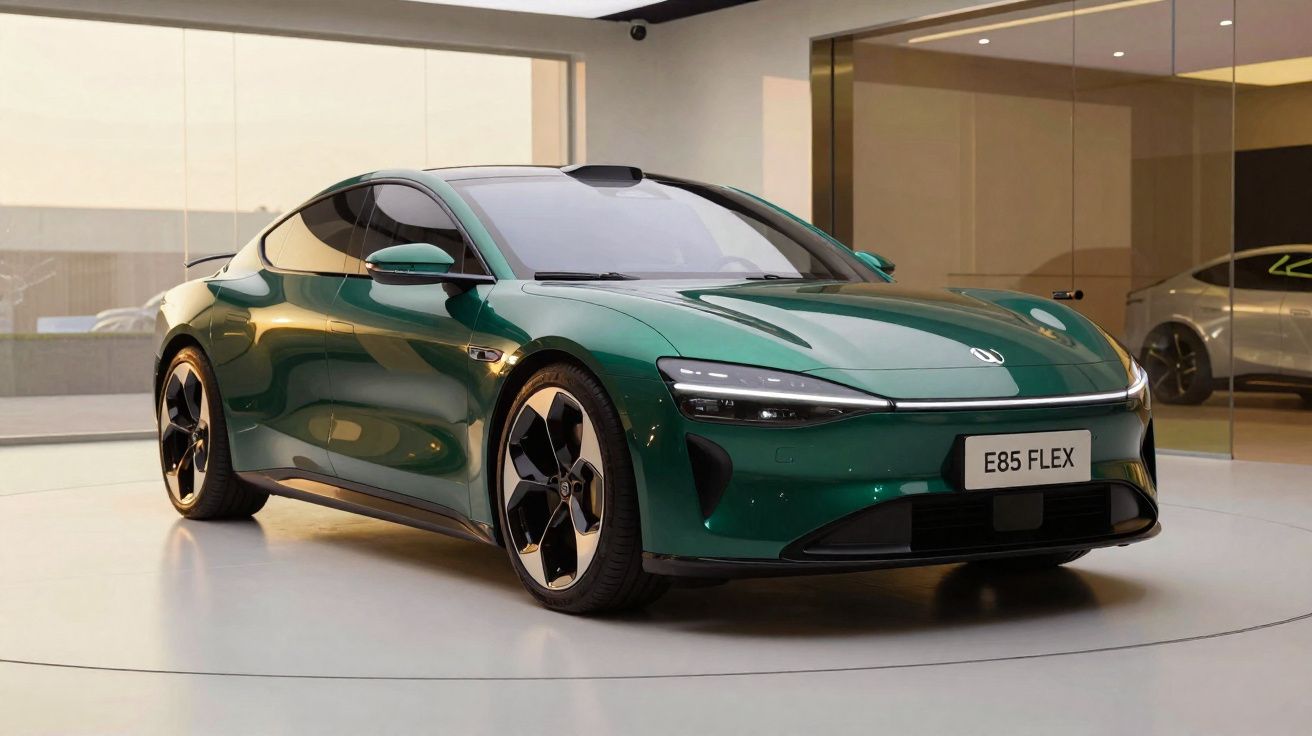 Carro elétrico esportivo verde metálico com design futurista exposto numa sala moderna com piso claro.