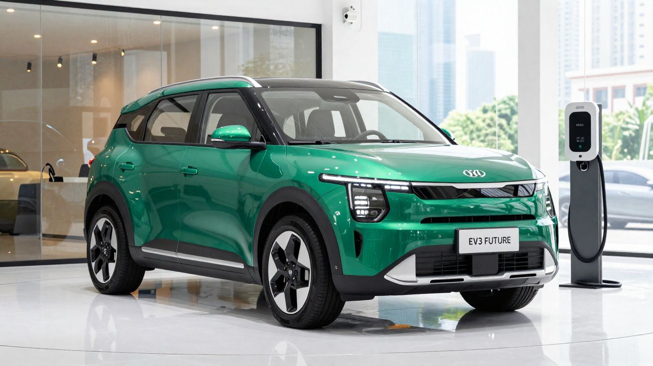 Carro elétrico verde modelo EV3 FUTURE apresentado em salão moderno com posto de carregamento.