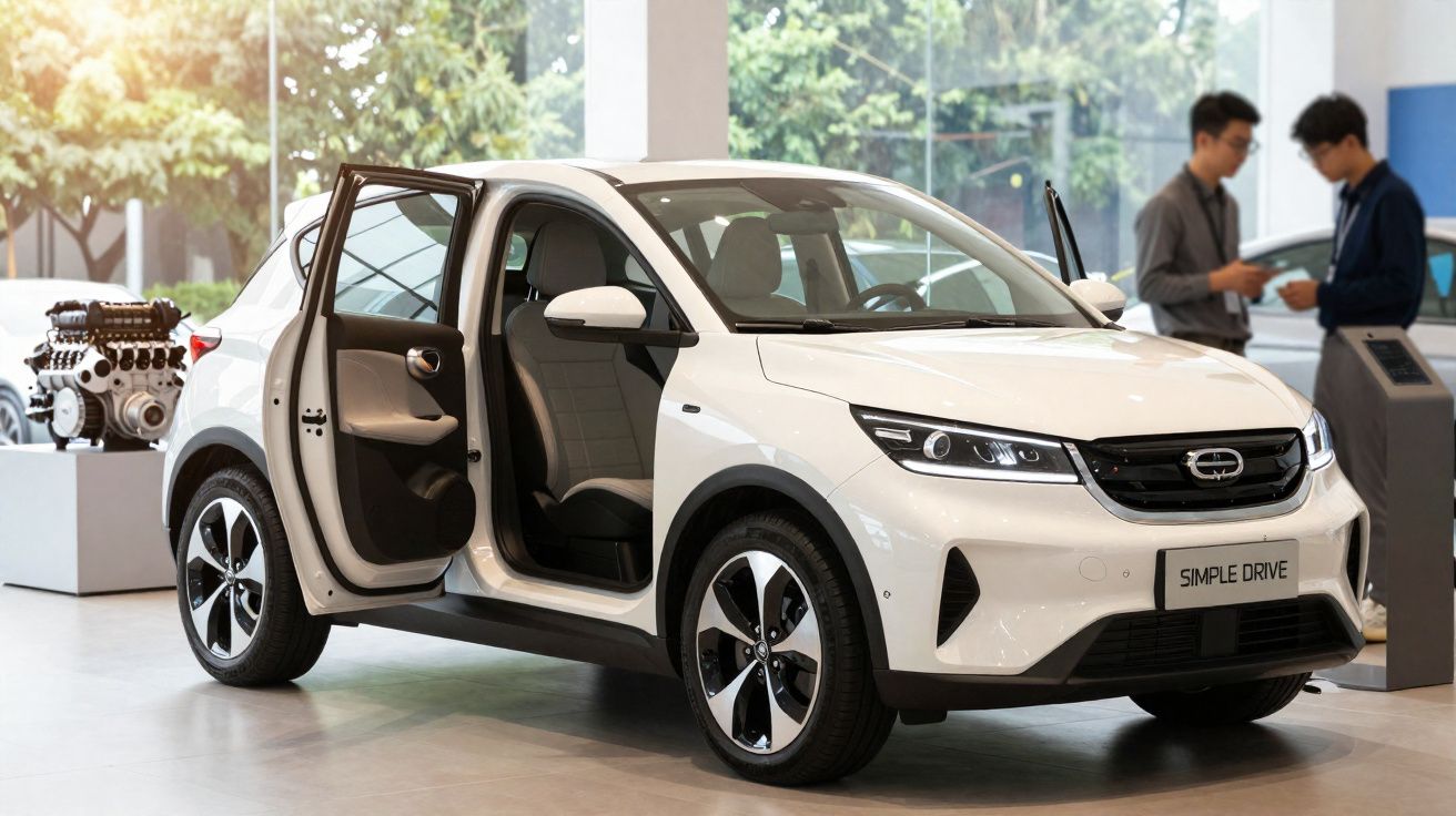 Carro branco elétrico com porta aberta exposto num salão automóvel com duas pessoas ao fundo.