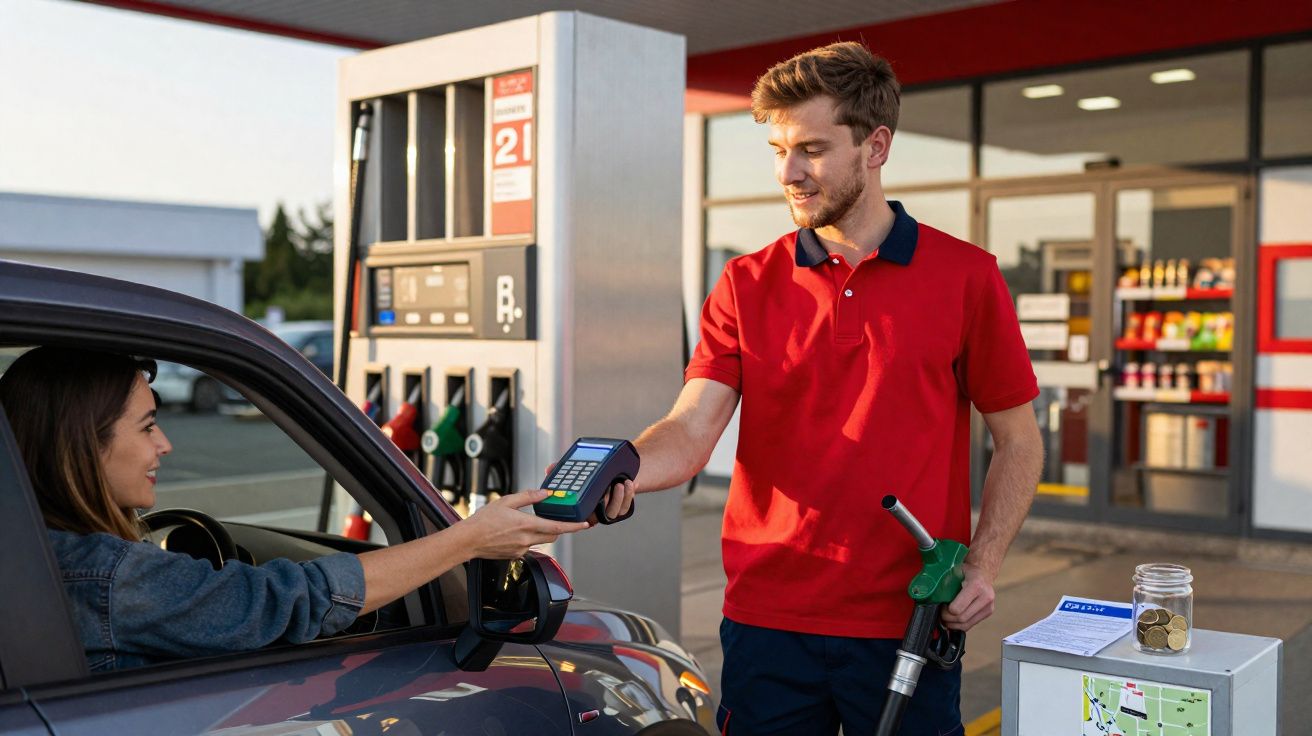 Homem em uniforme vermelho abastece carro enquanto mulher paga com cartão num posto de gasolina.