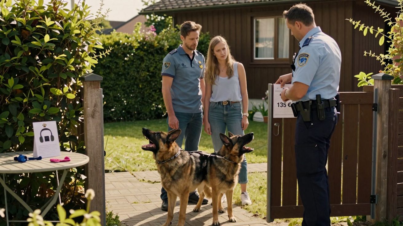 Dois polícias com cães polícia falam com um casal junto a uma casa com jardim.