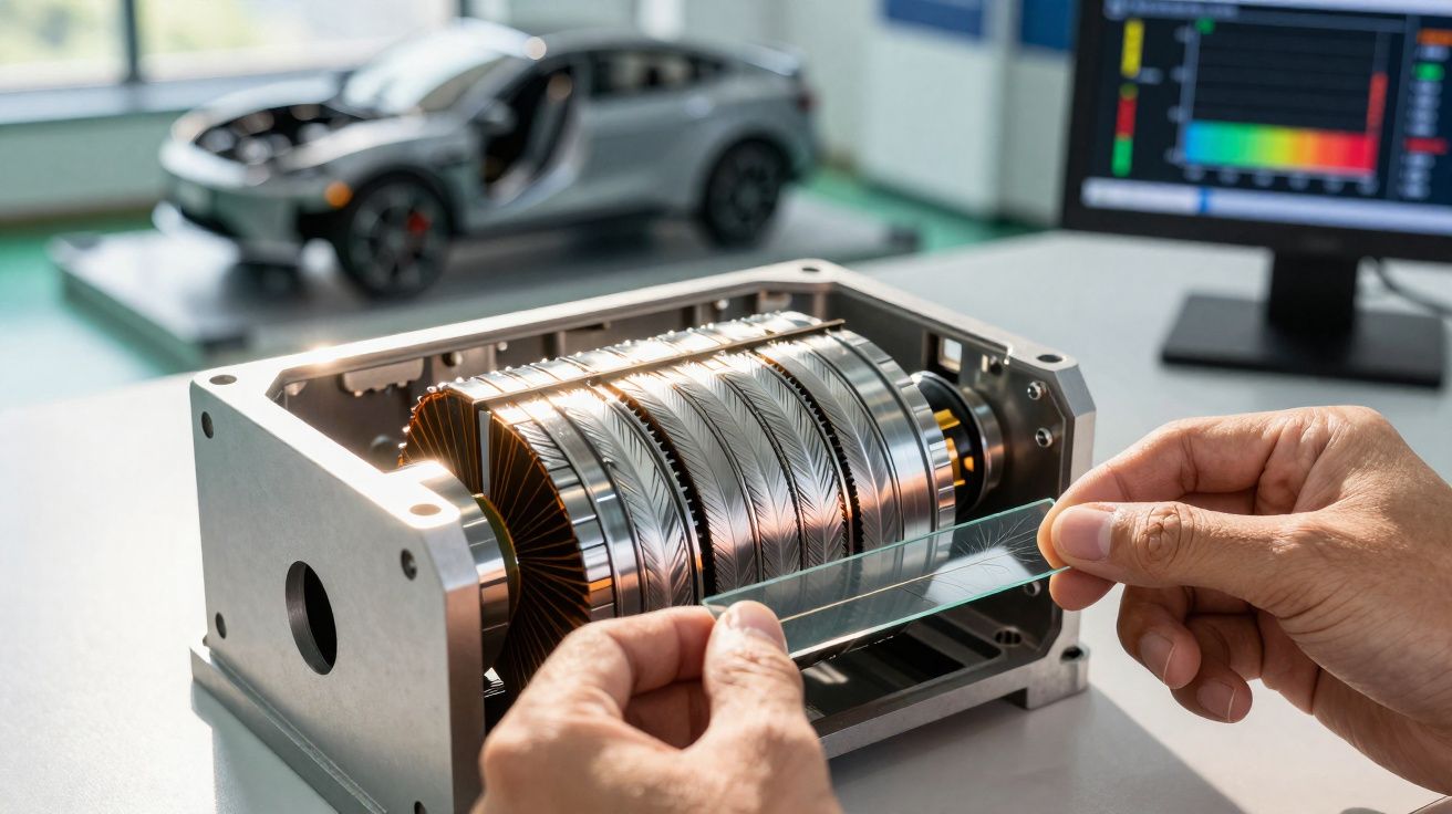 Mãos seguram peça de vidro perto de motor elétrico moderno em ambiente de laboratório ou oficina com computador ao fundo.