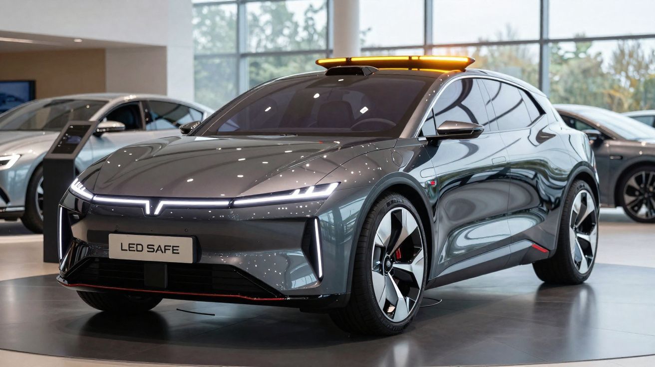 Carro elétrico cinza com luzes de segurança LED no tejadilho, exposto numa sala moderna.