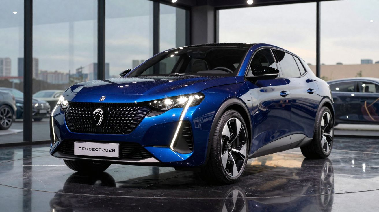 Carro elétrico Peugeot 2028 azul num showroom com paredes de vidro e reflexos no chão polido.