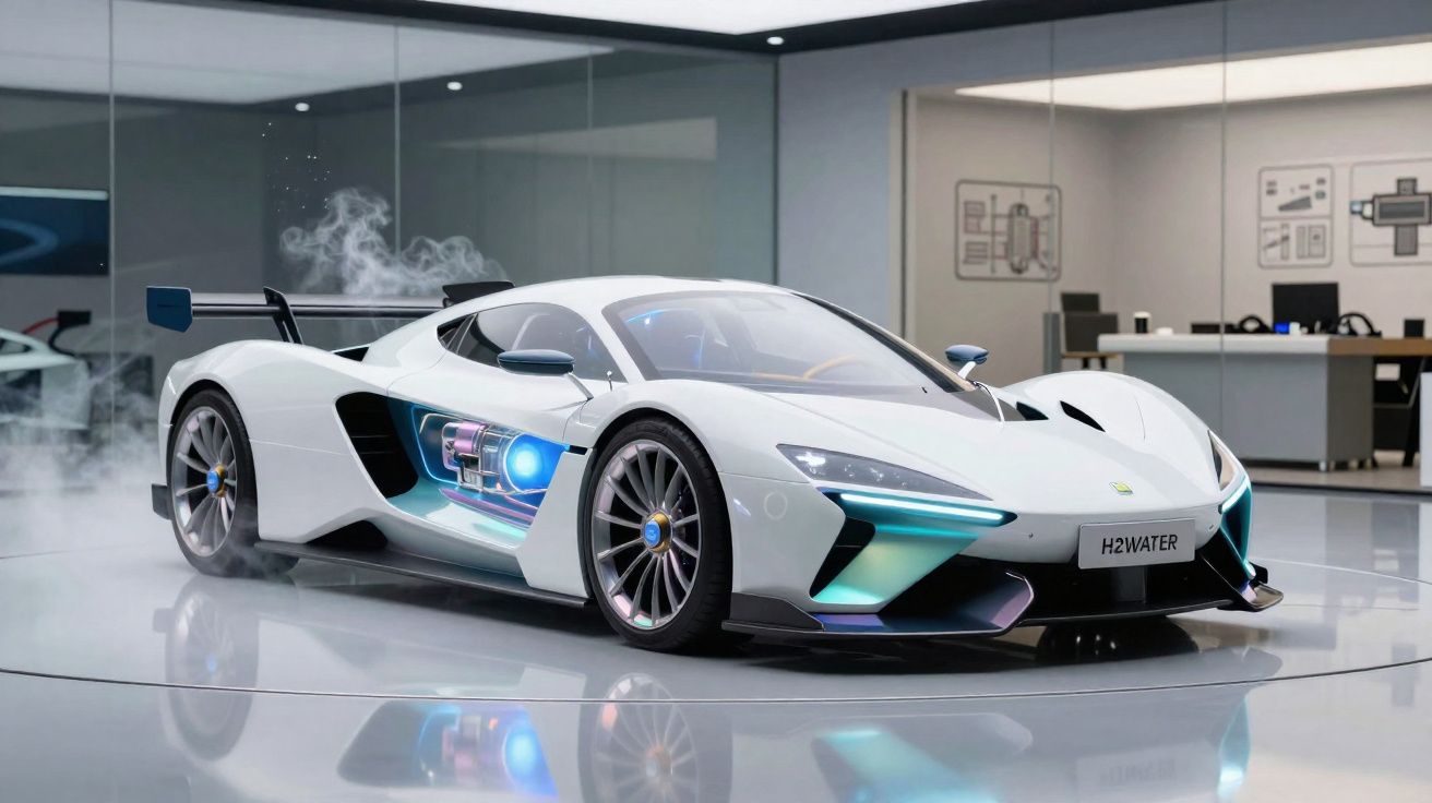 Carro desportivo branco com tecnologia visível a hidrogénio exposto numa sala moderna e iluminada.