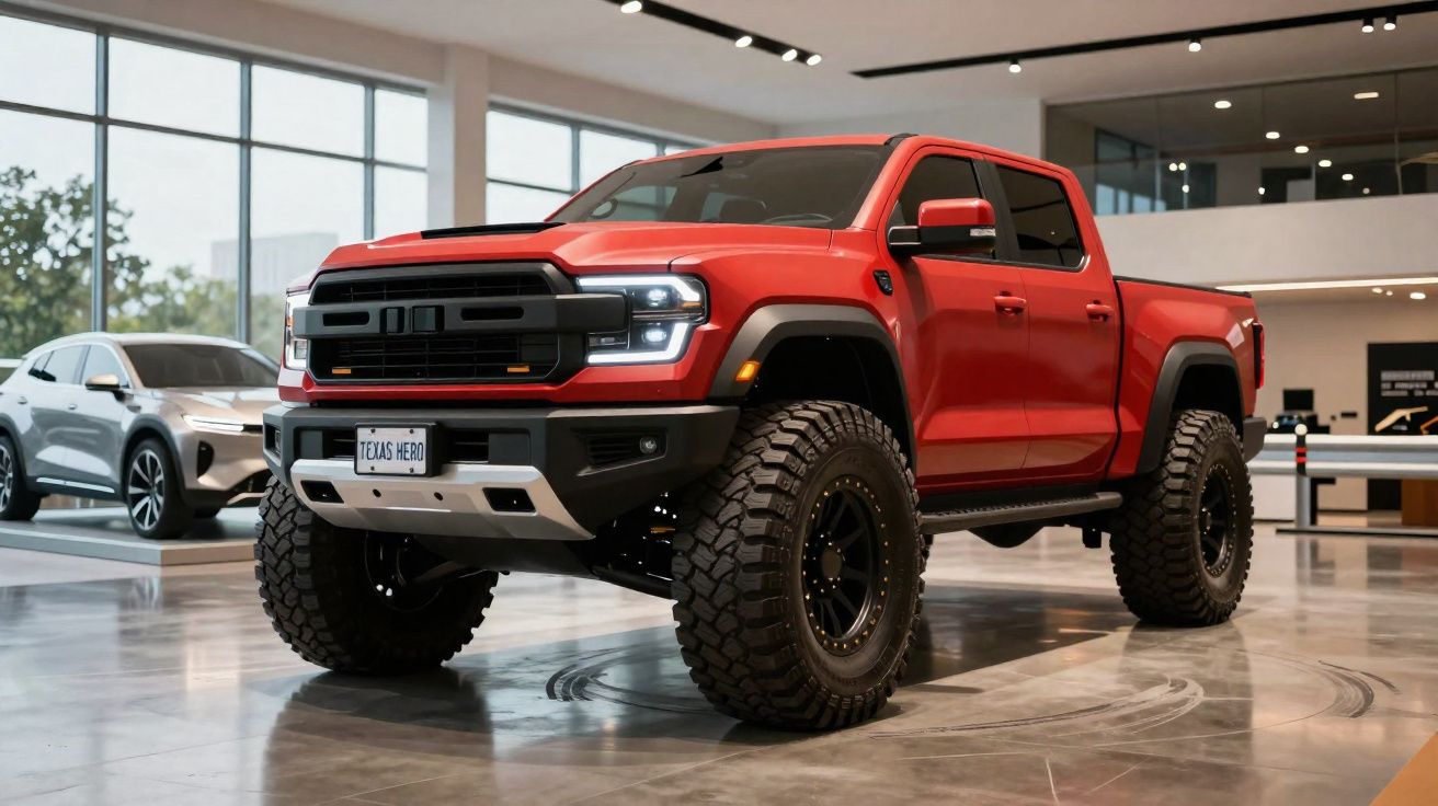 Pick-up vermelha robusta com pneus grandes em showroom moderno com janelas amplas e carro cinza ao fundo.
