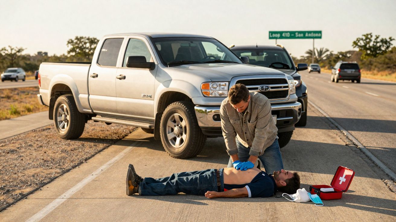 Homem a fazer reanimação cardiopulmonar a outra pessoa caída numa estrada perto de viatura estacionada.