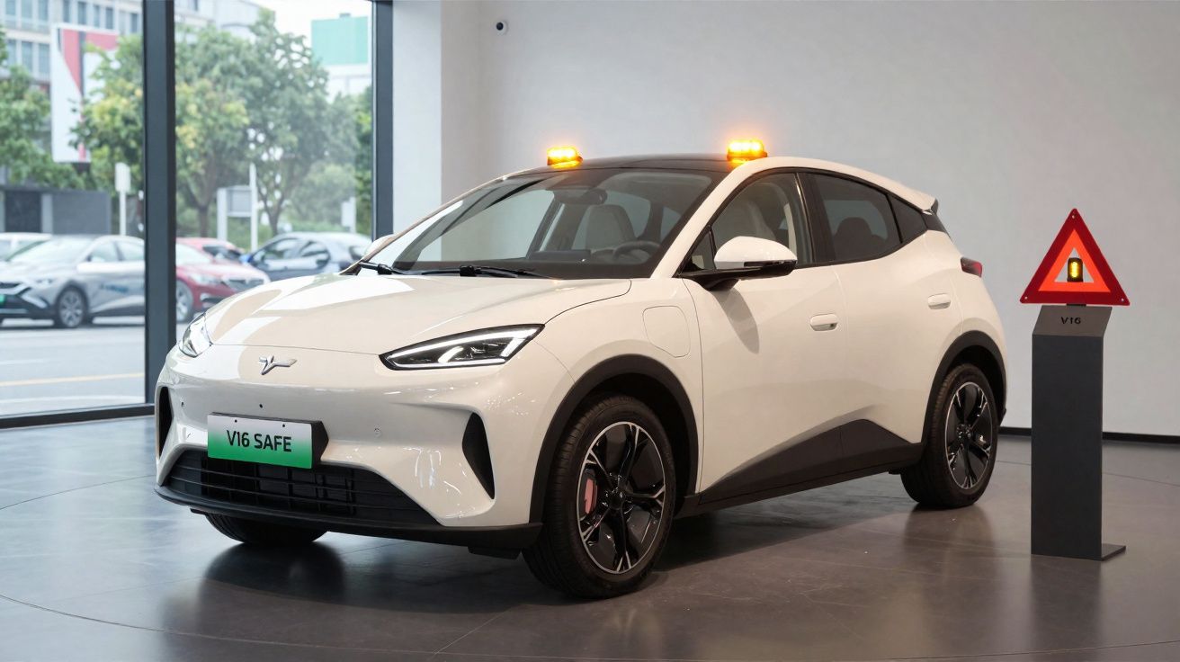 Carro elétrico branco com luzes de aviso amarelas no tejadilho e sinal de triângulo reflectível junto.
