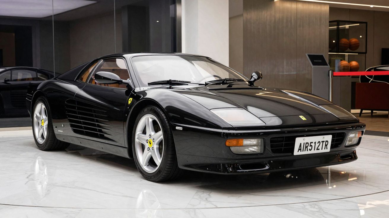 Carro desportivo preto Ferrari 512TR estacionado em piso branco numa exposição interior.